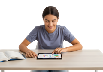 Smiling young woman engaging in digital learning, utilizing a tablet for comprehensive data analysis and educational insights on a white background.