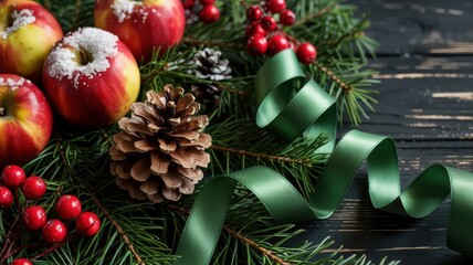 A pine cone surrounded by lush green pine branches. Nearby are red apples covered with a light layer of snow. Red berries are scattered everywhere. A photo with a place for the text.