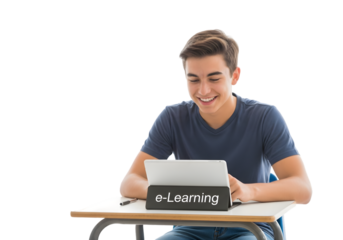 Happy young man engaged in e-Learning, embracing the future of online education with a tablet at his desk, symbolizing modern study and digital learning.