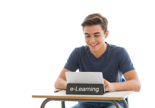 Happy young man engaged in e-Learning, embracing the future of online education with a tablet at his desk, symbolizing modern study and digital learning.