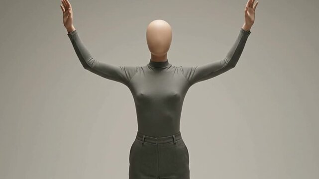 Figure with a blank mannequin head grey turtleneck pants and raised arms against a neutral backdrop