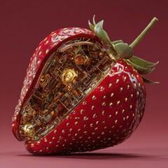 Half strawberry reveals golden machinery. Food science & tech? Red background