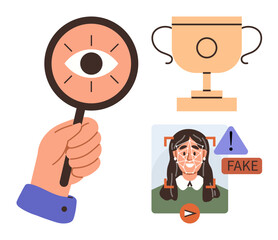 Hand holding magnifier with eye, trophy, flagged profile image labeled fake. Ideal for fraud detection, AI technology, media literacy, identity verification, achievements, investigation