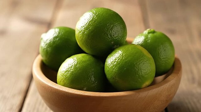 Five limes sit in a wooden bowl against a wood background