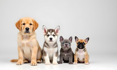 Four Gentle Puppies Sitting Side by Side Against a White Background with Copy Space