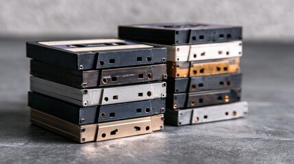Obraz premium A vibrant collection of vintage cassette tapes stacked creatively on a textured surface, evoking nostalgia