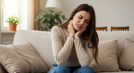 Fototapeta premium Woman Experiencing Severe Neck Pain, Sitting on Sofa at Home.