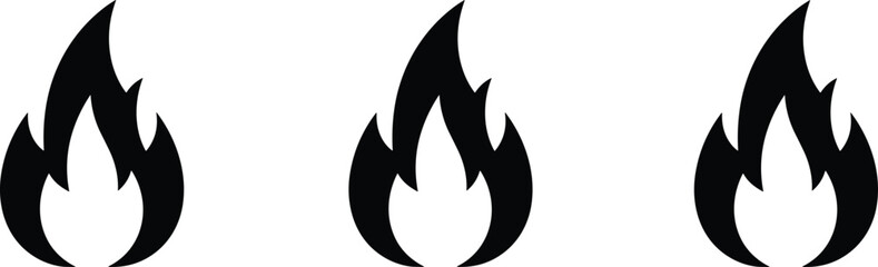 Black flame icons in row, stylized fire symbols with pointed tips and curves, minimal vector design, heat, energy, burning illustration