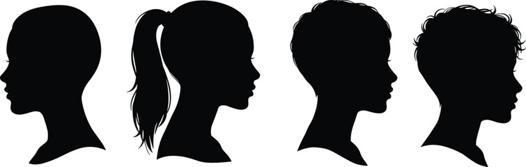 Black head profile silhouettes with diverse hairstyles, vector illustration for identity, diversity, fashion, character design, and hairstyle concept themes