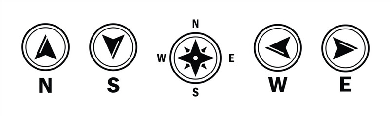 Compass icons set. Map symbol. Monochrome navigational compass with cardinal directions. North, south, east and west. Geographical position. Vector illustration.