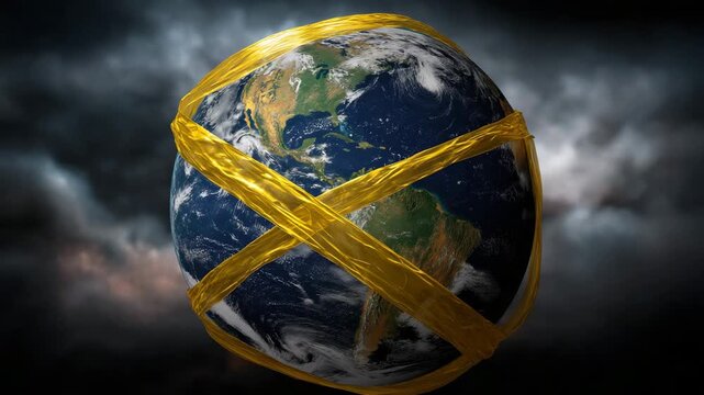 A yellow string is wrapped around the earth. The string is wrapped around the earth in a cross shape. Conceptual of earth wrapped in glowing yellow biohazard tape, biosecurity, dark moody background