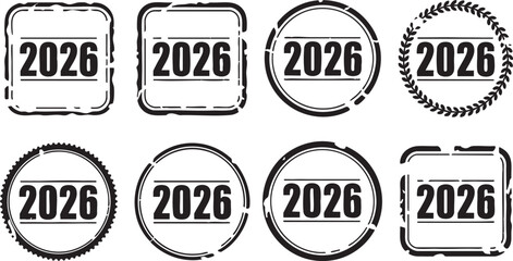 Fototapeta premium Set of 2026 Year Stamps and Seals new year future, 2026, year, new year, future, stamp, seal, mark, imprint, circle, square, rectangle, border, design, graphic, illustration, vector, symbol, icon, tem