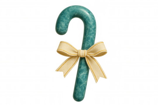 Turquoise candy cane featuring yellow ribbon bow, festive seasonal decoration against transparent backdrop