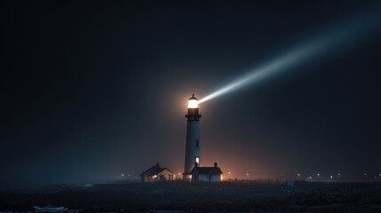 A solitary lighthouse casts a powerful beam across a dark, foggy coastal landscape at night