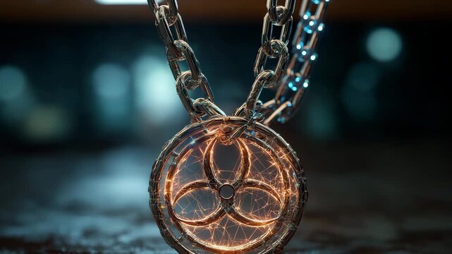 A necklace with a chain and a circle with three lines. The circle is glowing. Dark dramatic of chains locking glowing biohazard icon, biosecurity, sci-fi concept