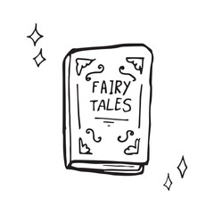 Whimsical doodle vector of closed book with ornate cover and bold title FAIRY TALES, surrounded by stars. Hand-drawn magical sketch illustration for fantasy design, storytelling and stationery.