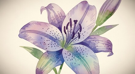 Artistic watercolor illustration of a blooming purple spotted lily flower with green leaves and buds.
