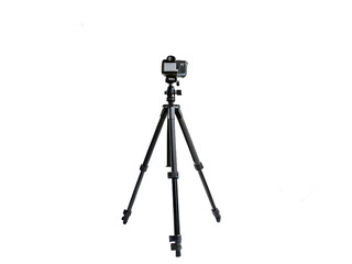 Camera on Tripod in Isolated Studio Setting Professional Photography Equipment for Creative Projects and Digital Content Creation