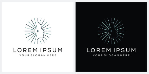 pretty woman face with sun spark logo design vector template 