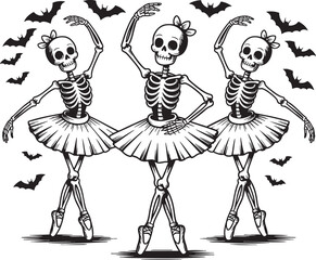 Three dancing skeletons in ballet tutus with bats ballerina, skeleton, ballerina, dance, ballet, tutu, bats, flying, halloween, spooky, creepy, macabre, gothic, black and white, illustration, drawing,