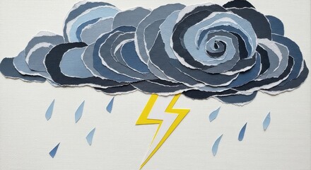 Paper Collage of a Storm Cloud with Rain and Lightning.