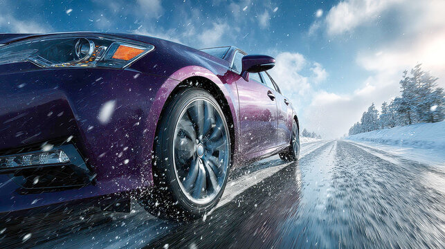 Driving through a winter wonderland with elegant motion in a snow-covered landscape and clear blue sky