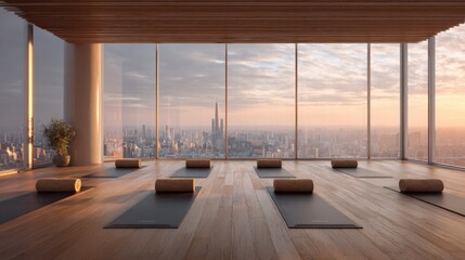 Minimalist Rooftop Yoga Studio with Wooden Floor and Panoramic City Views at Sunrise