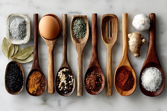 Top down perspective showing kitchen tools and seasonings on blank backdrop
