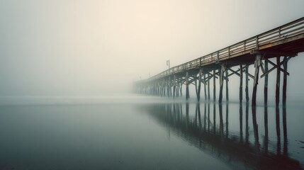 Pier vanishing into fog, ocean view for calm, mystery travel or nature backdrop