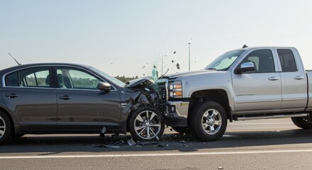 Daytime Highway Wreckage - A Gray Sedans Front End Destroyed by a Silver Truck.