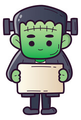 Cute Frankenstein Halloween Character Holding Blank Sign – Editable Cartoon Monster