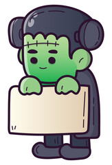Cute Frankenstein Halloween Character Holding Blank Sign – Editable Cartoon Monster