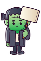 Cute Frankenstein Halloween Character Holding Blank Sign – Editable Cartoon Monster