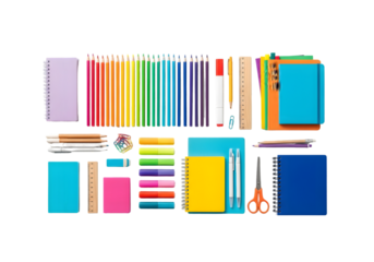 A vibrant and organized flat lay of colorful school and office supplies, showcasing a spectrum of pencils, notebooks, and essential stationery items for education and creative projects.