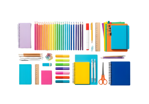A vibrant and organized flat lay of colorful school and office supplies, showcasing a spectrum of pencils, notebooks, and essential stationery items for education and creative projects.