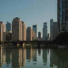 Fototapeta premium Modern City Skyline with River Reflection