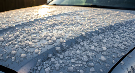 Hailstones accumulating on car surface during stormy weather  