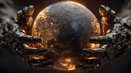 Robotic hands holding glowing planet in a futuristic environment  