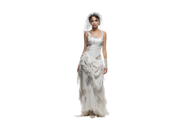 A Halloween zombie bride in torn dress, isolated on a transparent background.