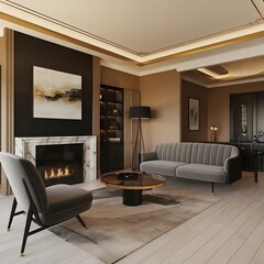 Art deco interior design of a modern living room, home with a fireplace and a black wall.