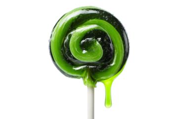 A Halloween poisoned lollipop with green slime, isolated on a transparent background.