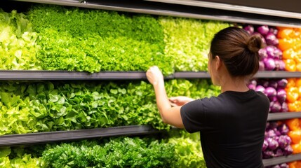 Woman arranging fresh greens in a supermarket produce section with vibrant vegetables in the background