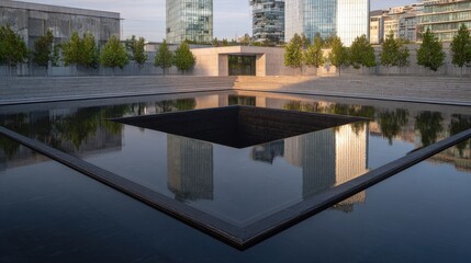 Obraz premium Reflecting pool in city square, with buildings mirrored. Tranquil space use