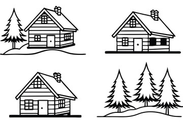 Cozy Cabin in Snow – Line Art