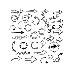 Handdrawn arrow collection 30 vector arrows doodle style black and white for design elements