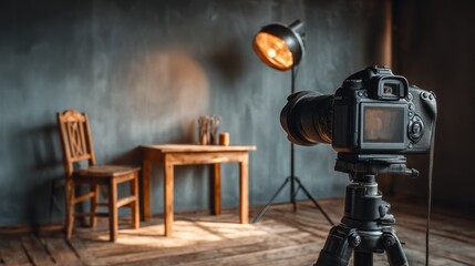 Photographers studio interior featuring a camera setup, rustic furniture, and ambient lighting for creative shoots