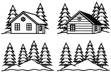 Cozy Cabin in Snow – Line Art