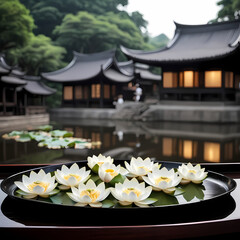 White lotus flowers on dark lacquered tray during Obon, with steamed dishes and blurred traditional architecture.  
