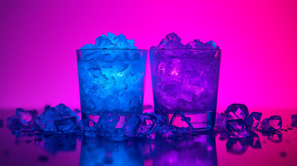 Two Glowing Cocktails with Ice Cubes Under Neon Pink and Blue Light