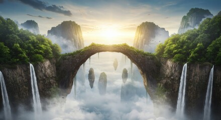 Breathtaking fantasy landscape featuring a stone arch bridge over a sea of clouds with cascading waterfalls and floating mountains at sunrise